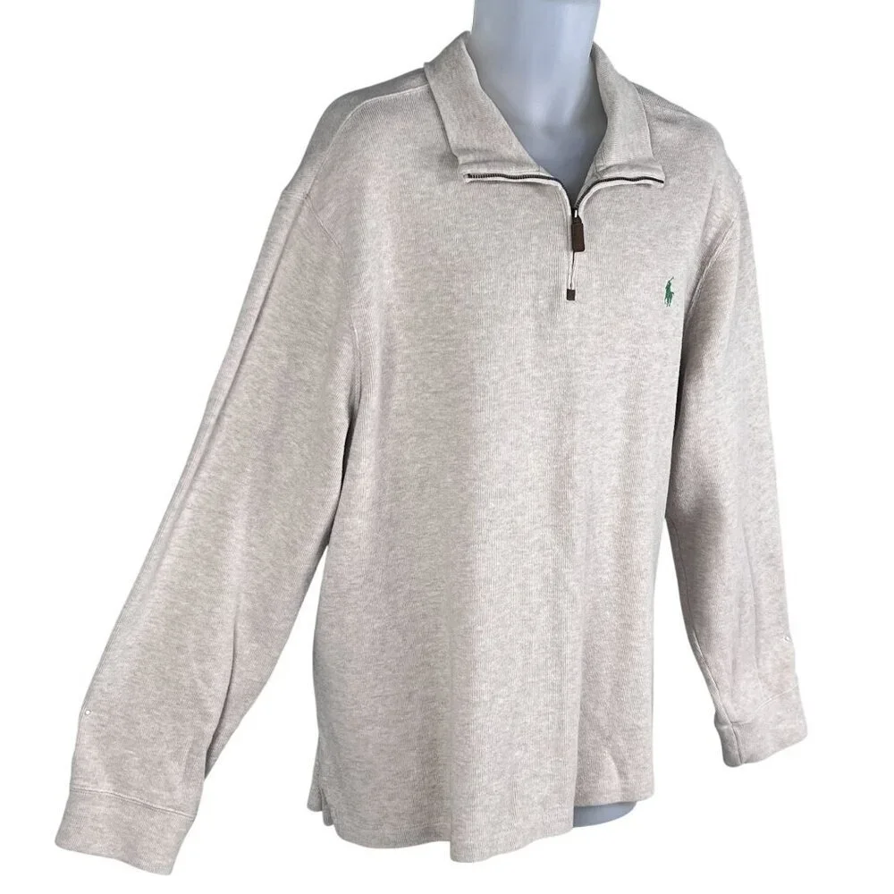 Polo Ralph Lauren Mens XXL Tan Rib Mockneck 1/4 Zip Pullover Old Money Timeless